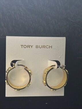 Tory Burch Gold Tone Double T Logo Hoop Earrings | Signature Designer Jewelry